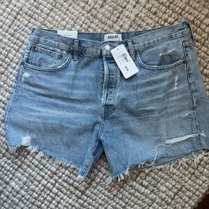Agolde Light Blue Frayed Hem Jean Shorts